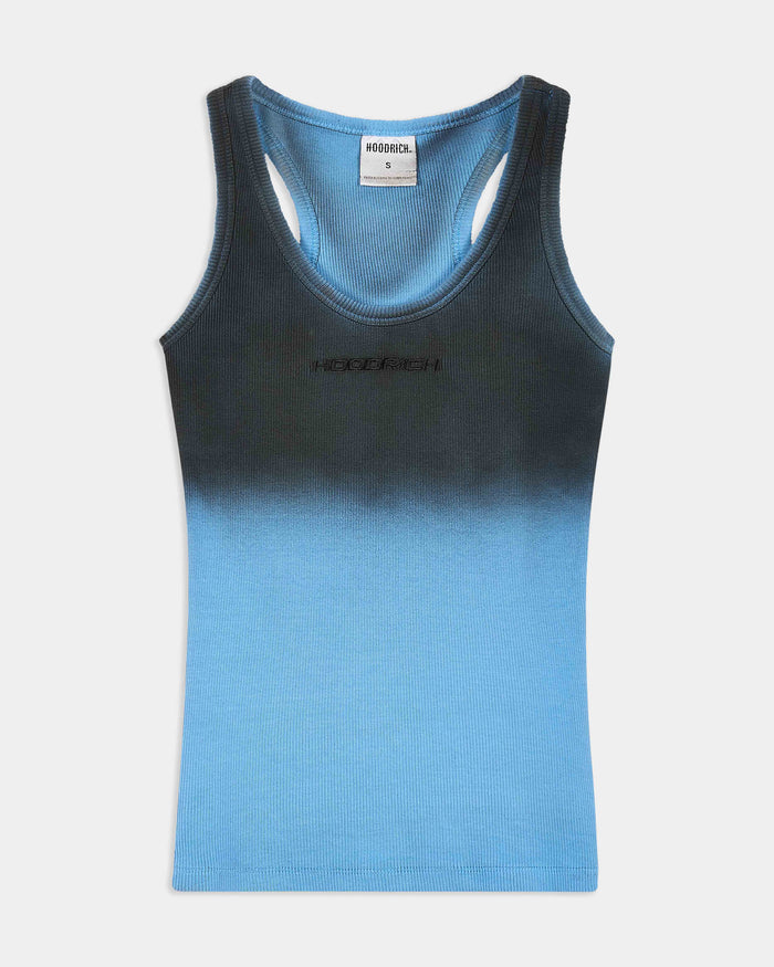 Black and blue ombre fitted racer vest with small Hoodrich logo on chest.