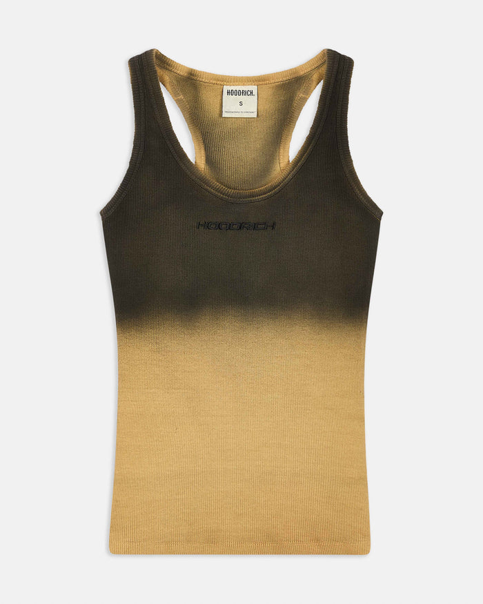Mustard and brown ombre fitted racer vest with small Hoodrich logo on chest.