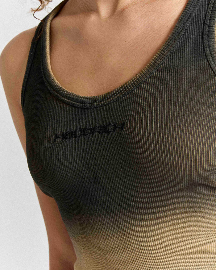 Close-up of a ribbed tank top with 'Hoodie' branding on a white background