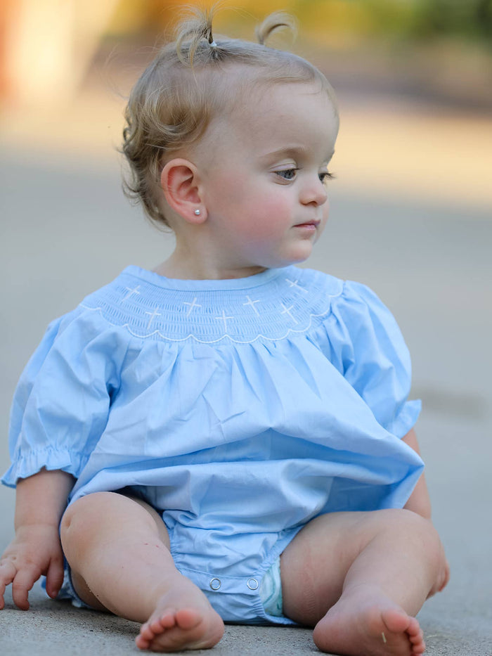 Girls Cross Smocking Embroidered Blue Romper