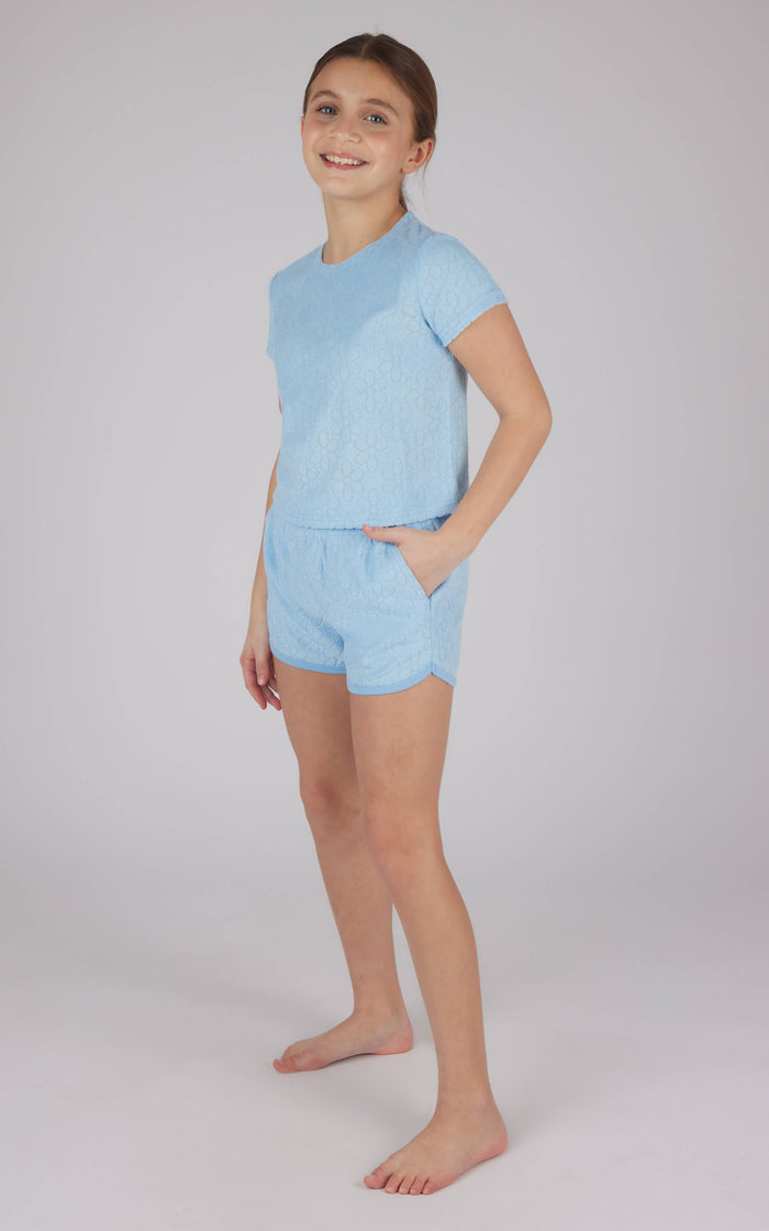 Girls Towel Terry Short Sleeve Top and Short - 2 PC Set: DELICATE DAISY DUTCH CANAL (1042D)