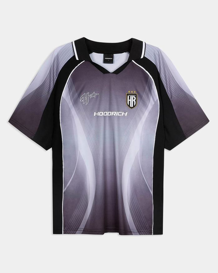 Gray and black sports jersey with branding on a white background