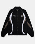 Black jacket with white and gray accents featuring logos on a light gray background
