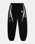 Black tracksuit pants with white and gray accents on a light gray background