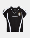 Black sports jersey with white accents and branding on a white background