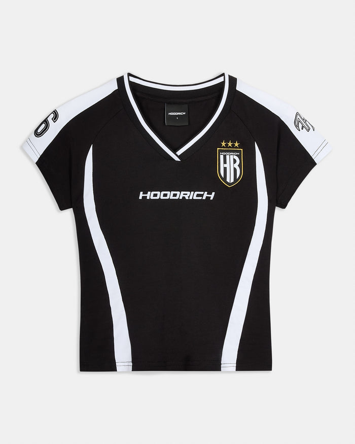 Black sports jersey with white accents and branding on a white background