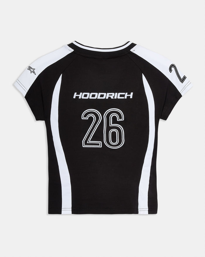 Black and white sports jersey with 'Hoodrich' and number '26' on a white background