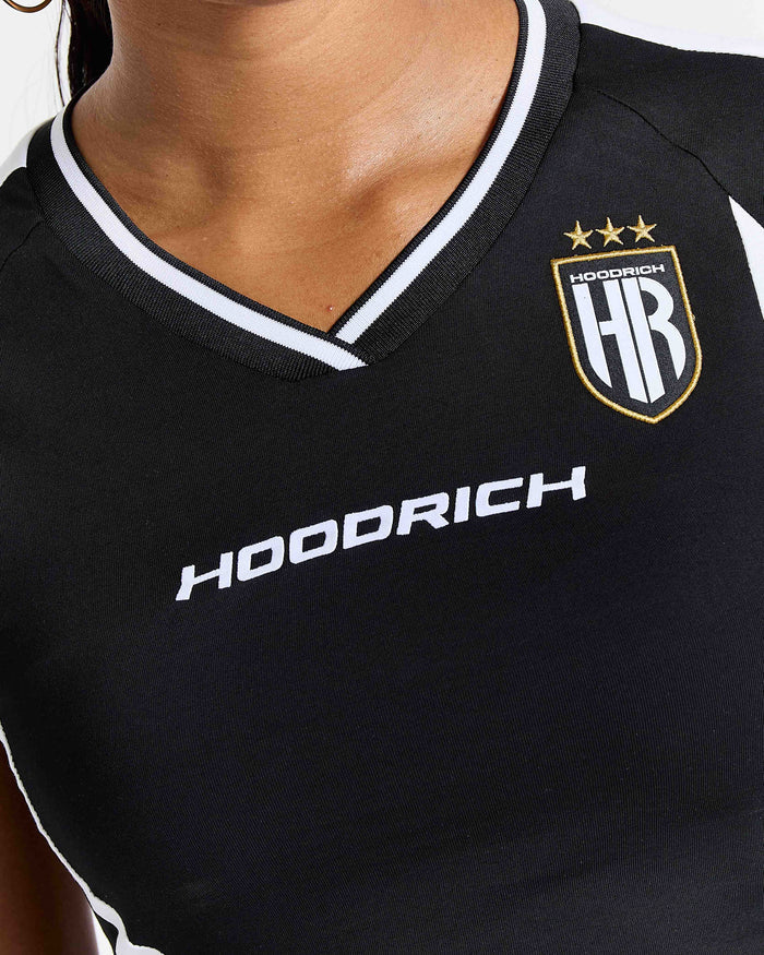 Black shirt with 'Hoodrich' logo and text on a white background