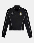 Black zip-up fitted jacket featuring white piping, branding on the chest, and an HR crest logo.