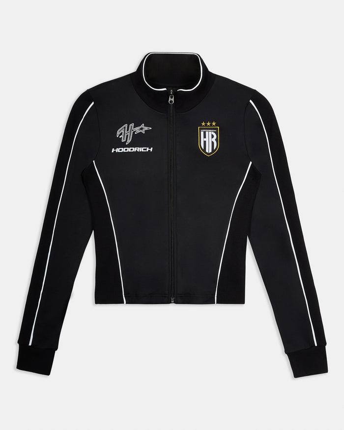 Black zip-up fitted jacket featuring white piping, branding on the chest, and an HR crest logo.