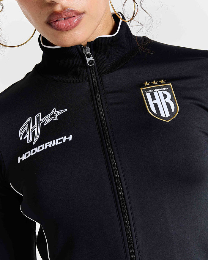 Black jacket with 'Hoodrich' branding on a white background