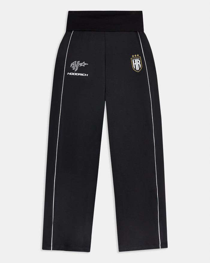 Black pants with logos on a light gray background