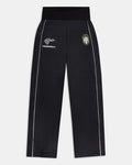 Black pants with logos on a light gray background