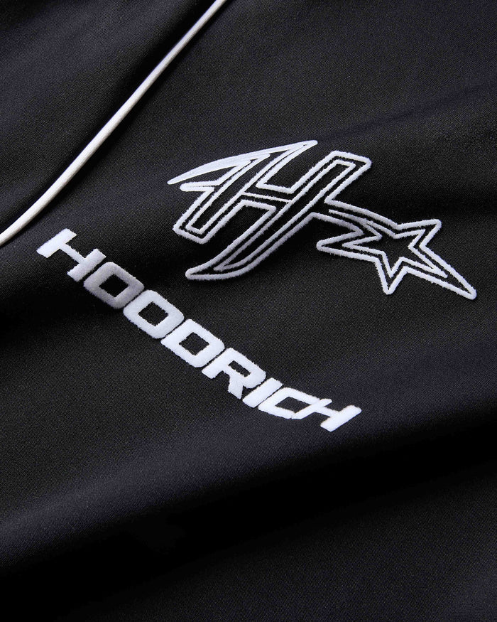 Black hoodie with white logo and text on a dark background
