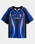 Blue and black sports jersey with 'Hoodrich' branding on a white background