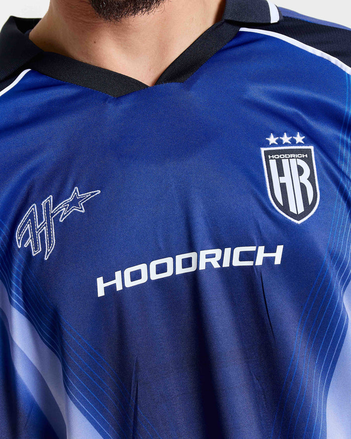 Blue sports jersey with 'Hoodrich' branding on a white background