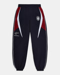 Navy tracksuit pants with red and white accents on a white background