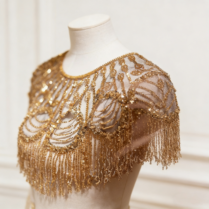 Gold beaded bridal capelet with hand embroidered sequins and flowing fringe on illusion mesh for luxury weddings.
