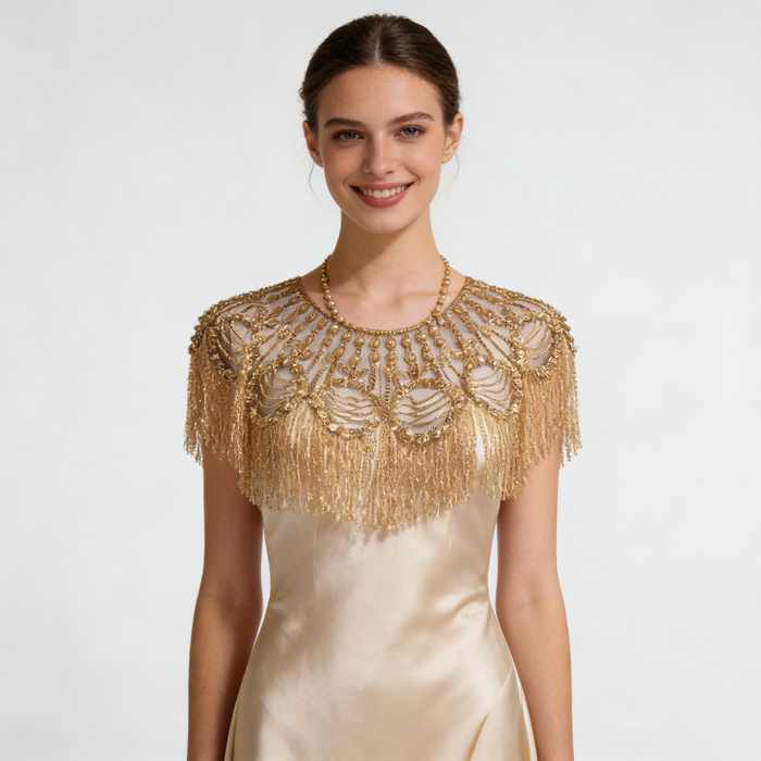 Art Deco inspired gold wedding shoulder cape with shimmering bead embroidery and elegant fringe movement.