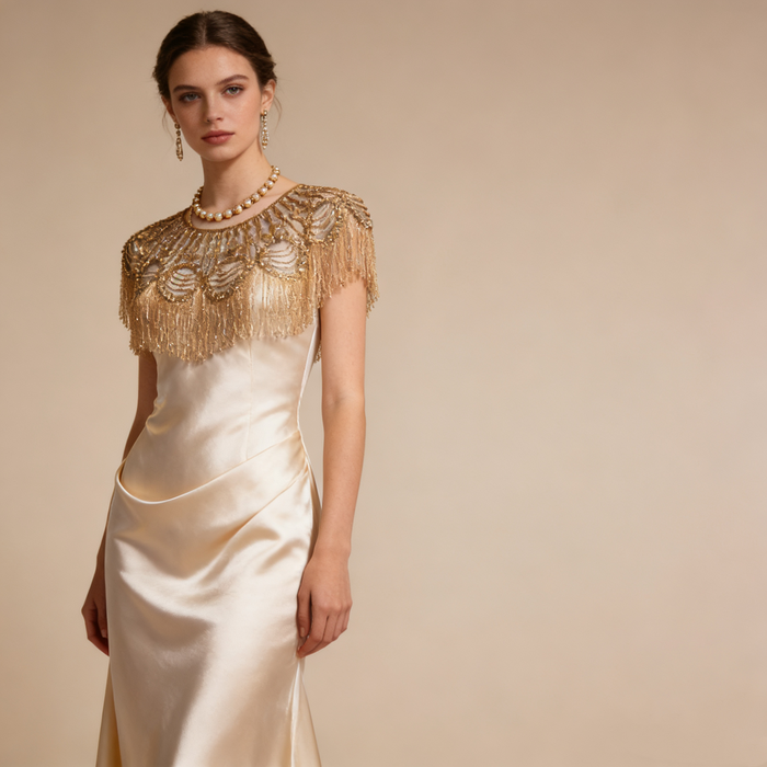 Art Deco inspired gold wedding shoulder cape with shimmering bead embroidery and elegant fringe movement.