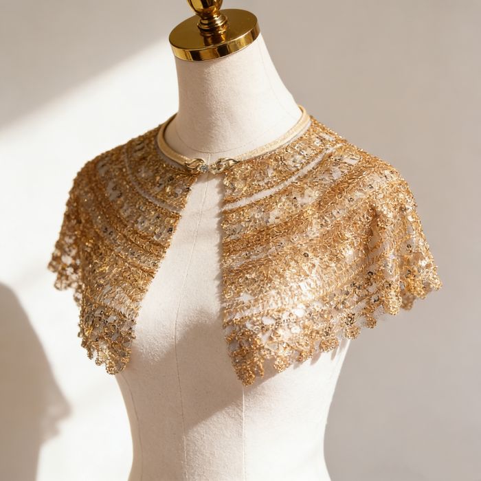 Champagne gold sequin bridal capelet with hand embroidered bead details, luxury short wedding shawl for bridal gown.