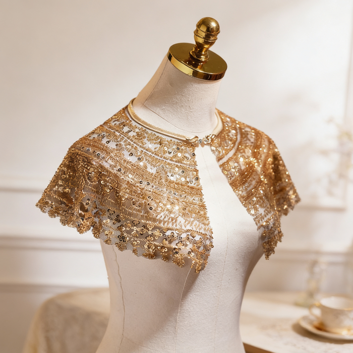 Champagne gold sequin bridal capelet with hand embroidered bead details, luxury short wedding shawl for bridal gown.