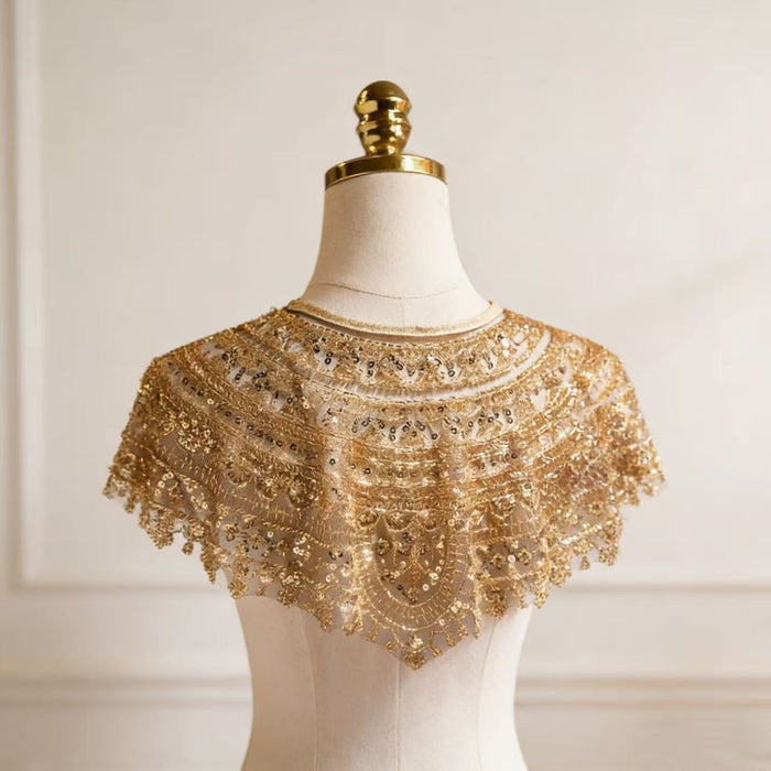 Champagne gold sequin bridal capelet with hand embroidered bead details, luxury short wedding shawl for bridal gown.