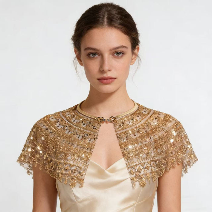 Champagne gold sequin bridal capelet with hand embroidered bead details, luxury short wedding shawl for bridal gown.
