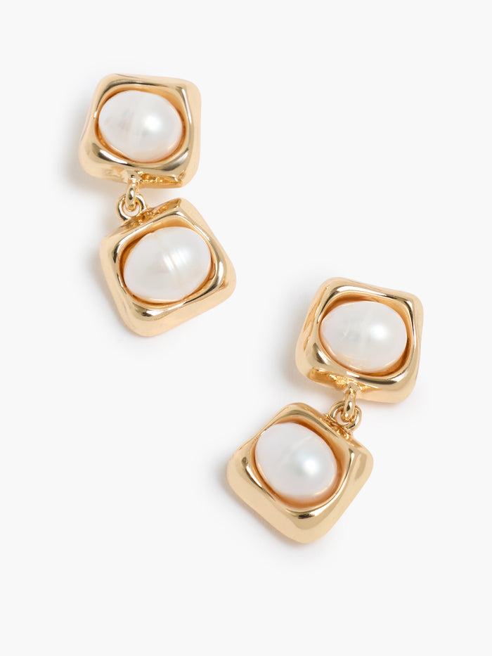 Gold Double Pearl Drop Earrings