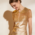 Handmade gold Gatsby cape collar with dimensional embroidery, sequins, and elegant beaded fringe.