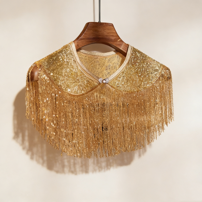 Handmade gold Gatsby cape collar with dimensional embroidery, sequins, and elegant beaded fringe.