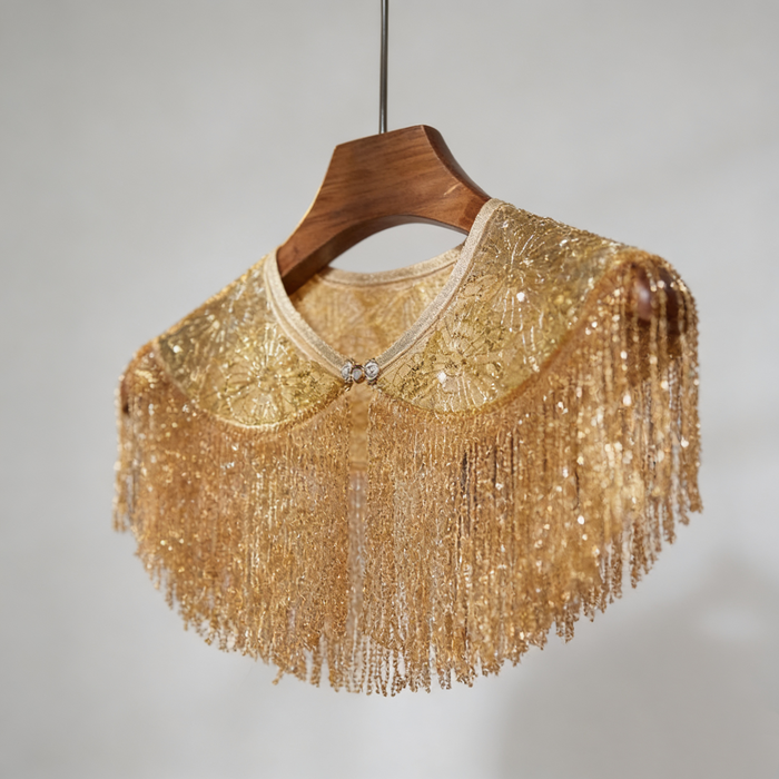 Handmade gold Gatsby cape collar with dimensional embroidery, sequins, and elegant beaded fringe.