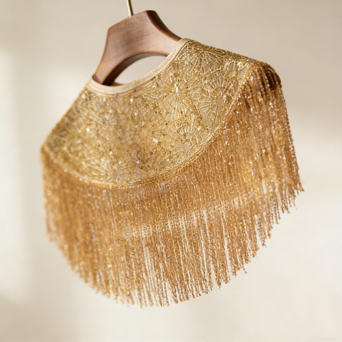 Handmade gold Gatsby cape collar with dimensional embroidery, sequins, and elegant beaded fringe.
