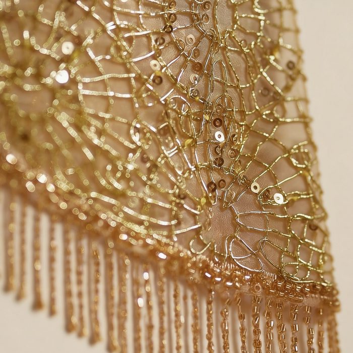 Handmade gold Gatsby cape collar with dimensional embroidery, sequins, and elegant beaded fringe.