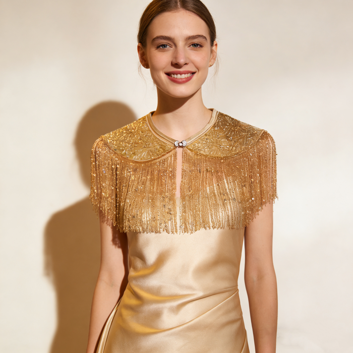 Handmade gold Gatsby cape collar with dimensional embroidery, sequins, and elegant beaded fringe.