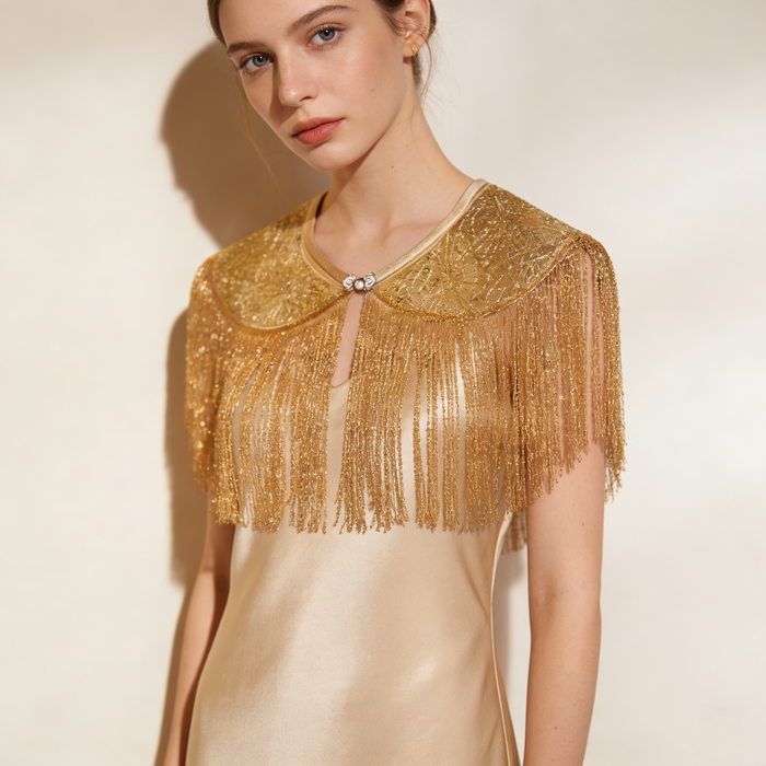 Vintage-inspired gold beaded fringe bridal cape collar for weddings and evening occasions.