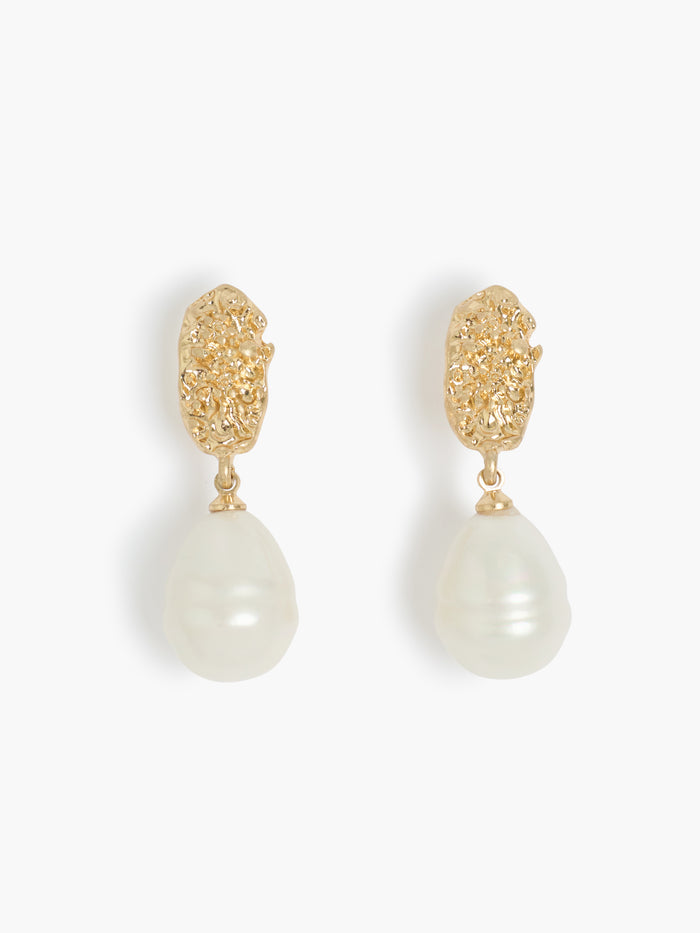 Gold Molten Disc Pearl Drop Earrings