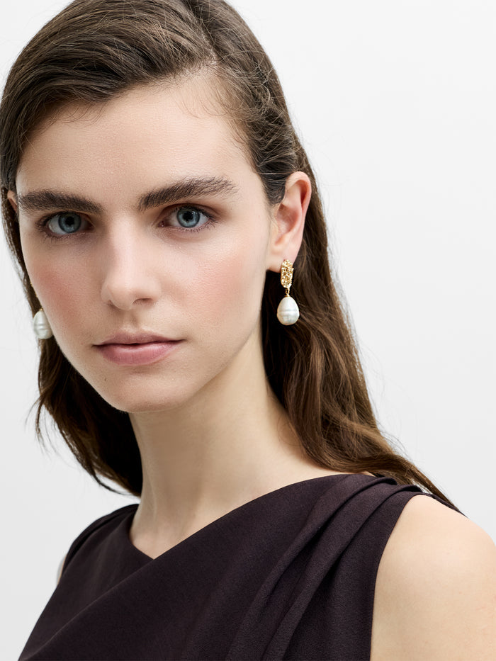 Gold Molten Disc Pearl Drop Earrings