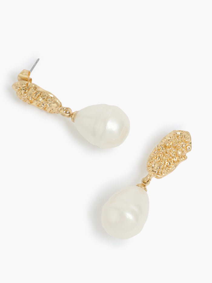 Gold Molten Disc Pearl Drop Earrings