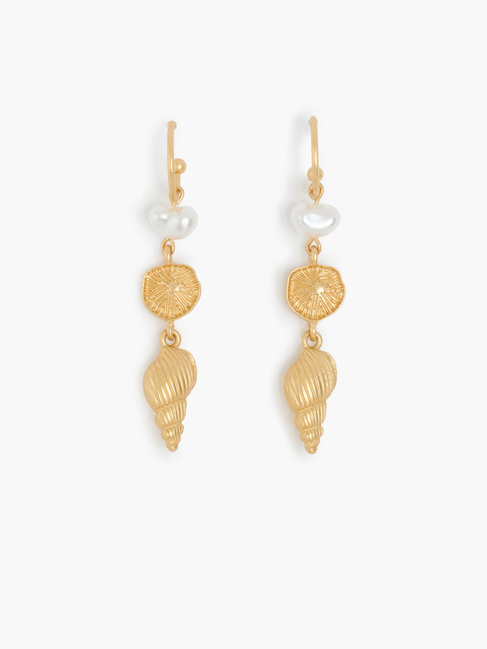 Gold Sea Charm Drop Hoop Earrings
