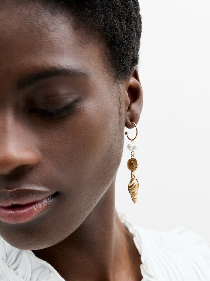 Gold Sea Charm Drop Hoop Earrings