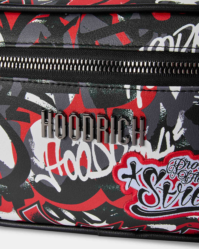 Black bag with colorful graphics and 'Hoodrich' branding on a white background