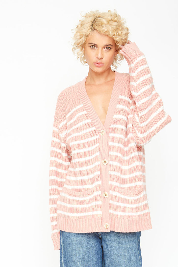 Grandpa Cardigan Sweater - Pink and White Stripe WOMENS chaserbrand