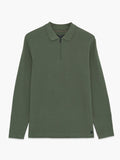 A man wearing a green ottoman texture Polo shirt with long sleeves, a collared neckline, a branded half zip and a regular fit.