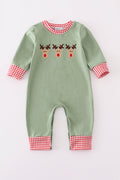 Green reindeer embroidery romper