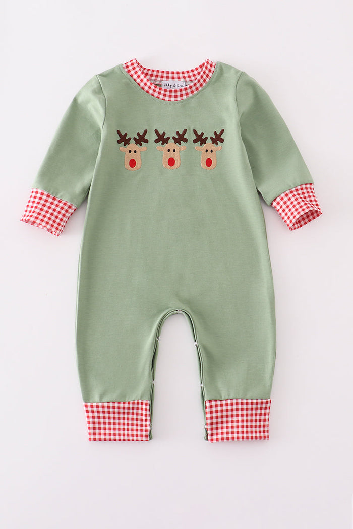 Green reindeer embroidery romper