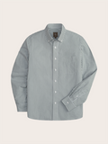 Green and white striped casual shirt laid flat, front view.