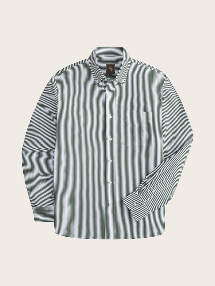 Green and white striped casual shirt laid flat, front view.