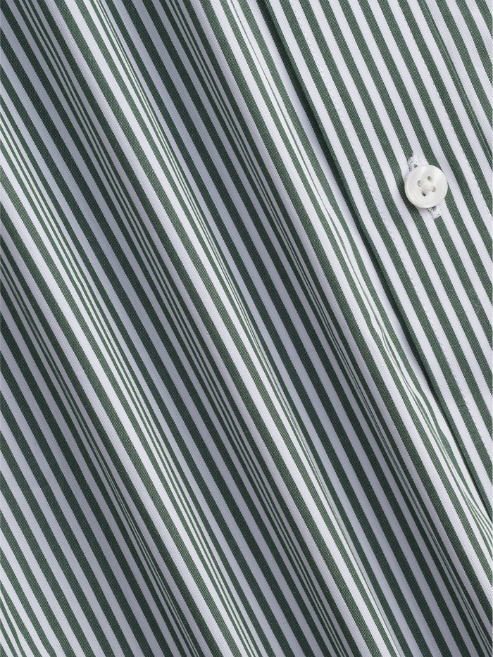 Close-up of green and white striped shirt fabric and button.