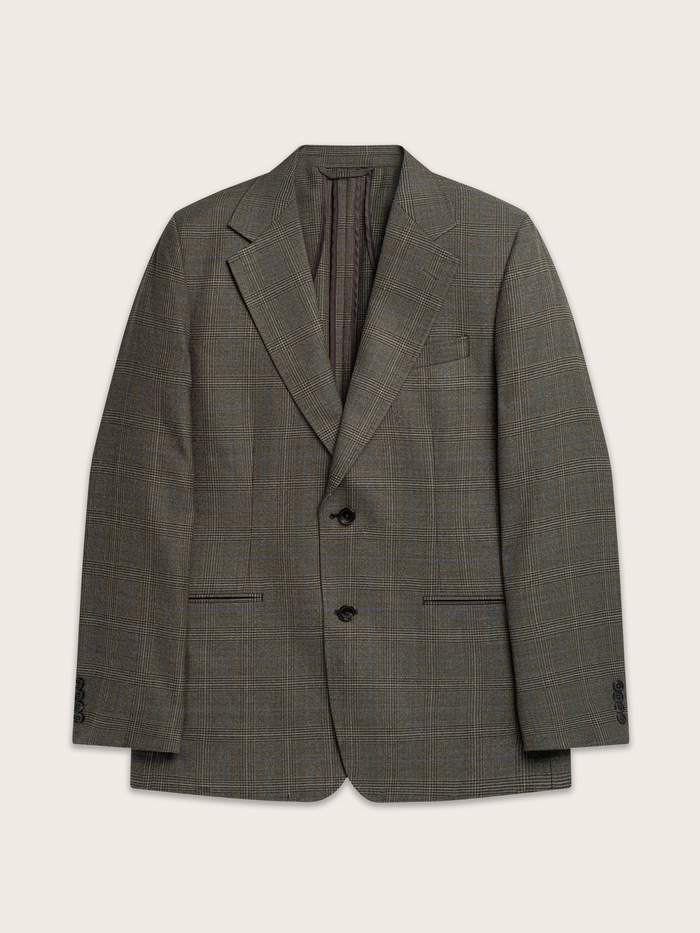 Grey plaid sportcoat laid flat, front view.